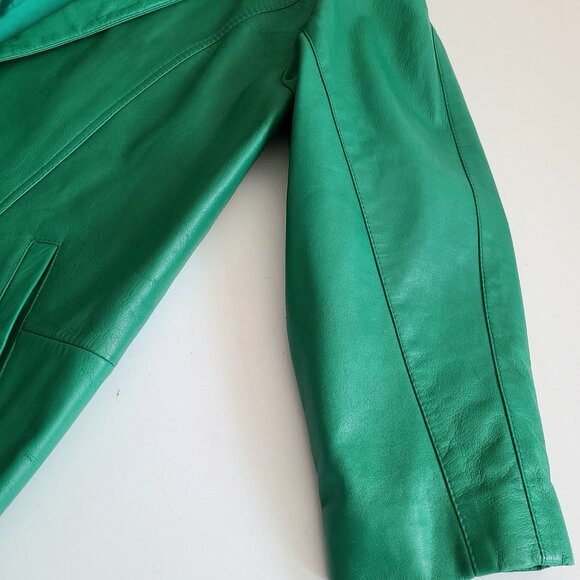 Vintage 1980s 1990s Bagatelle Margaret Godfrey bright green leather jacket. - Picture 5 of 11